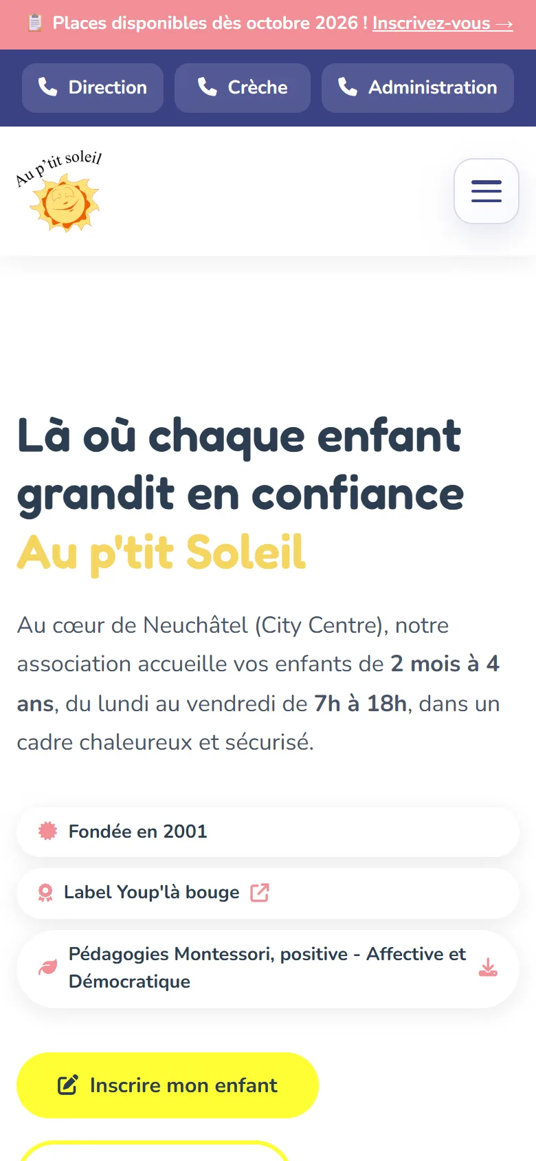 Page d'accueil sur mobile, avec les boutons d'appel direct en haut.