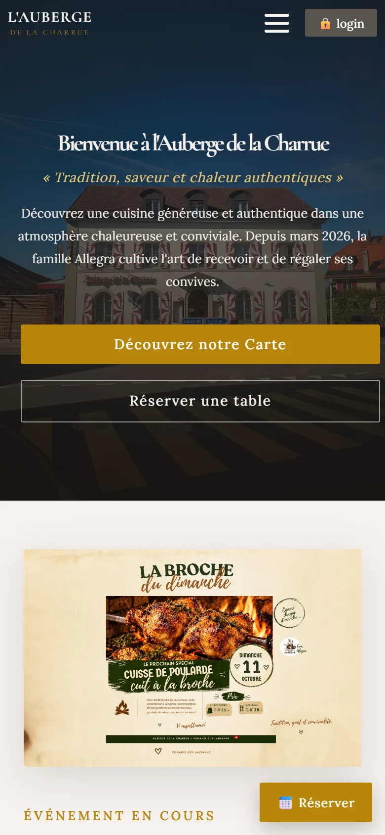 Page d'accueil sur mobile, avec l'événement en cours.
