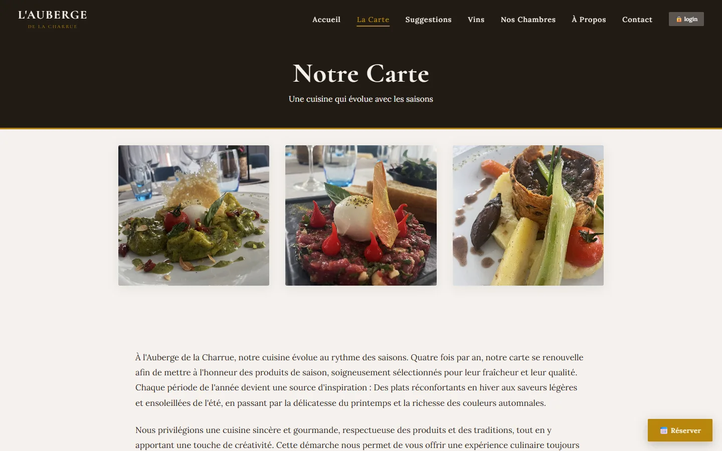 Page « Notre carte » : trois photos de plats et la présentation de la cuisine de saison.