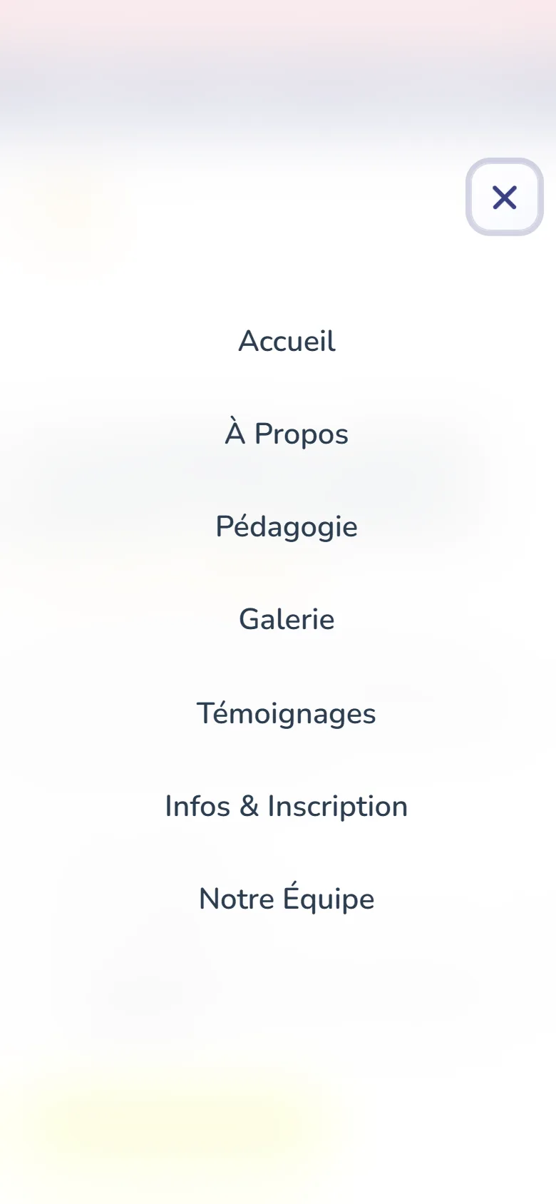 Menu plein écran ouvert sur mobile.