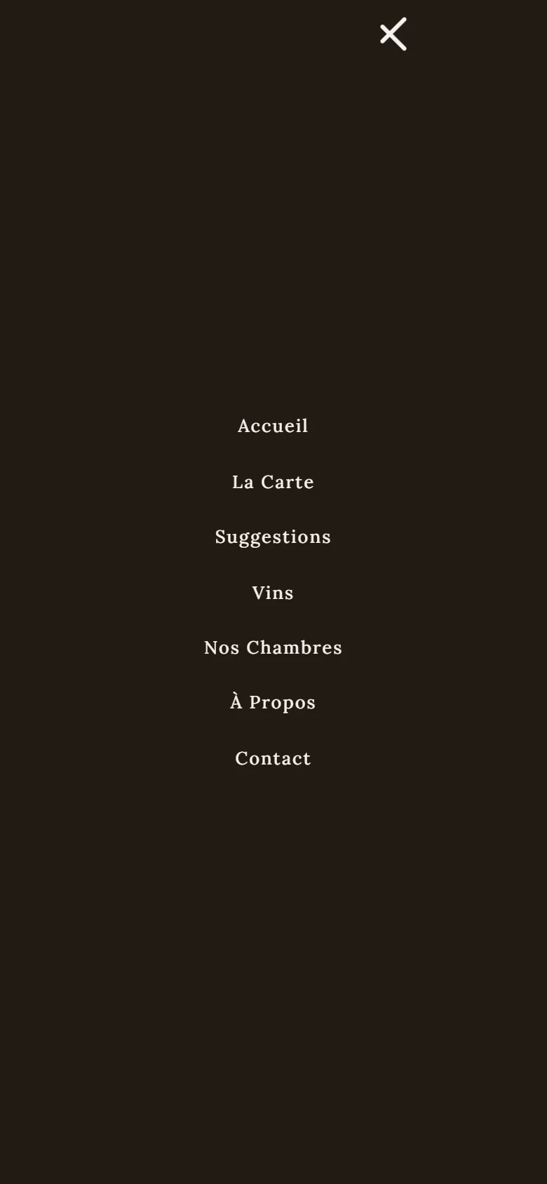 Menu plein écran ouvert sur mobile.