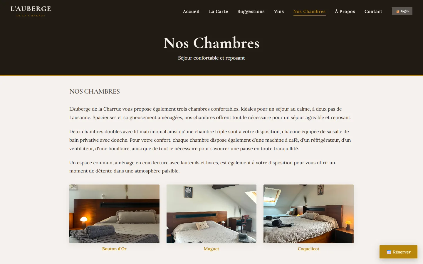 Page « Nos chambres » : présentation et photos des trois chambres d'hôtes.