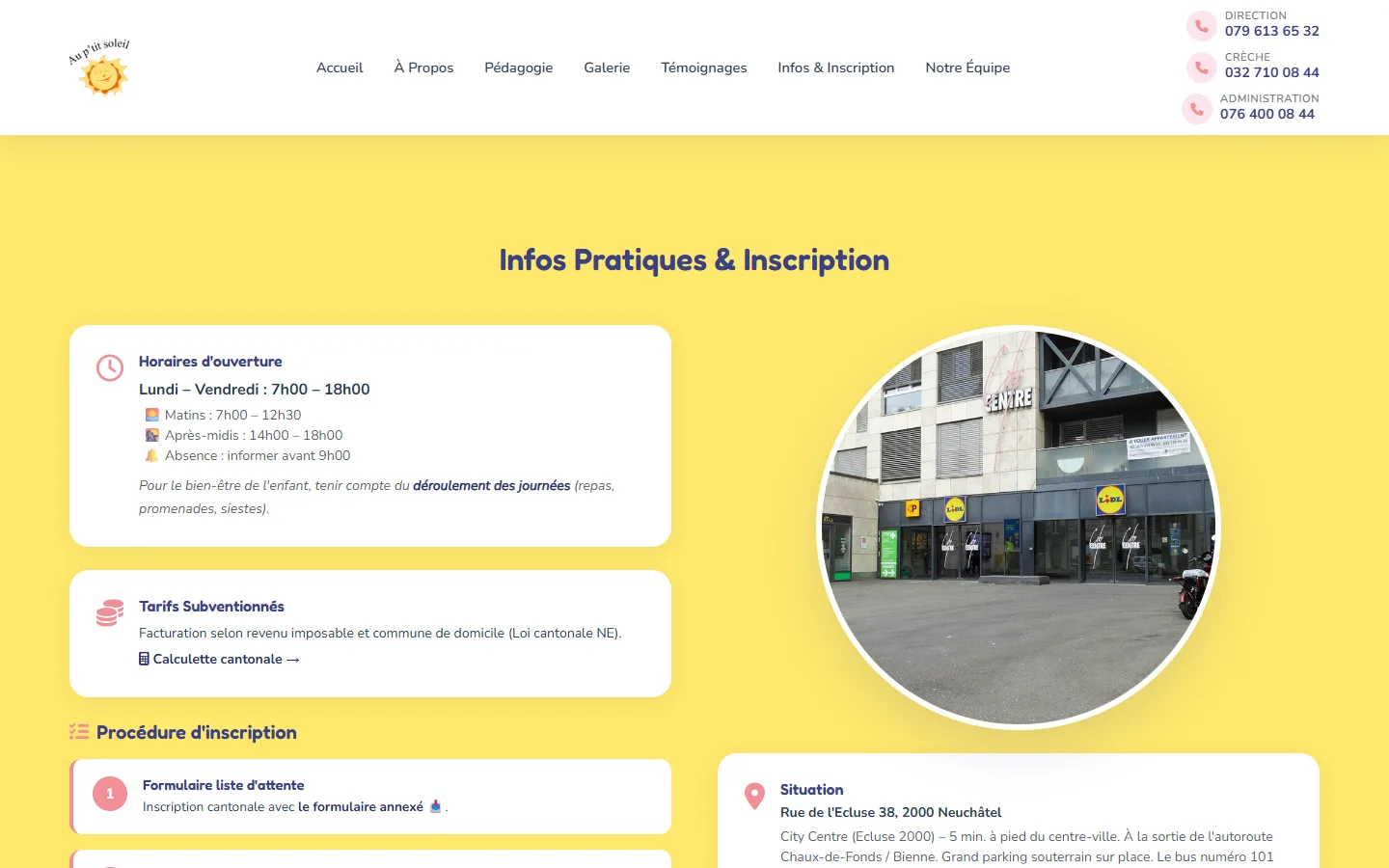 Section « Infos pratiques & inscription » : horaires, tarifs subventionnés et procédure d'inscription.