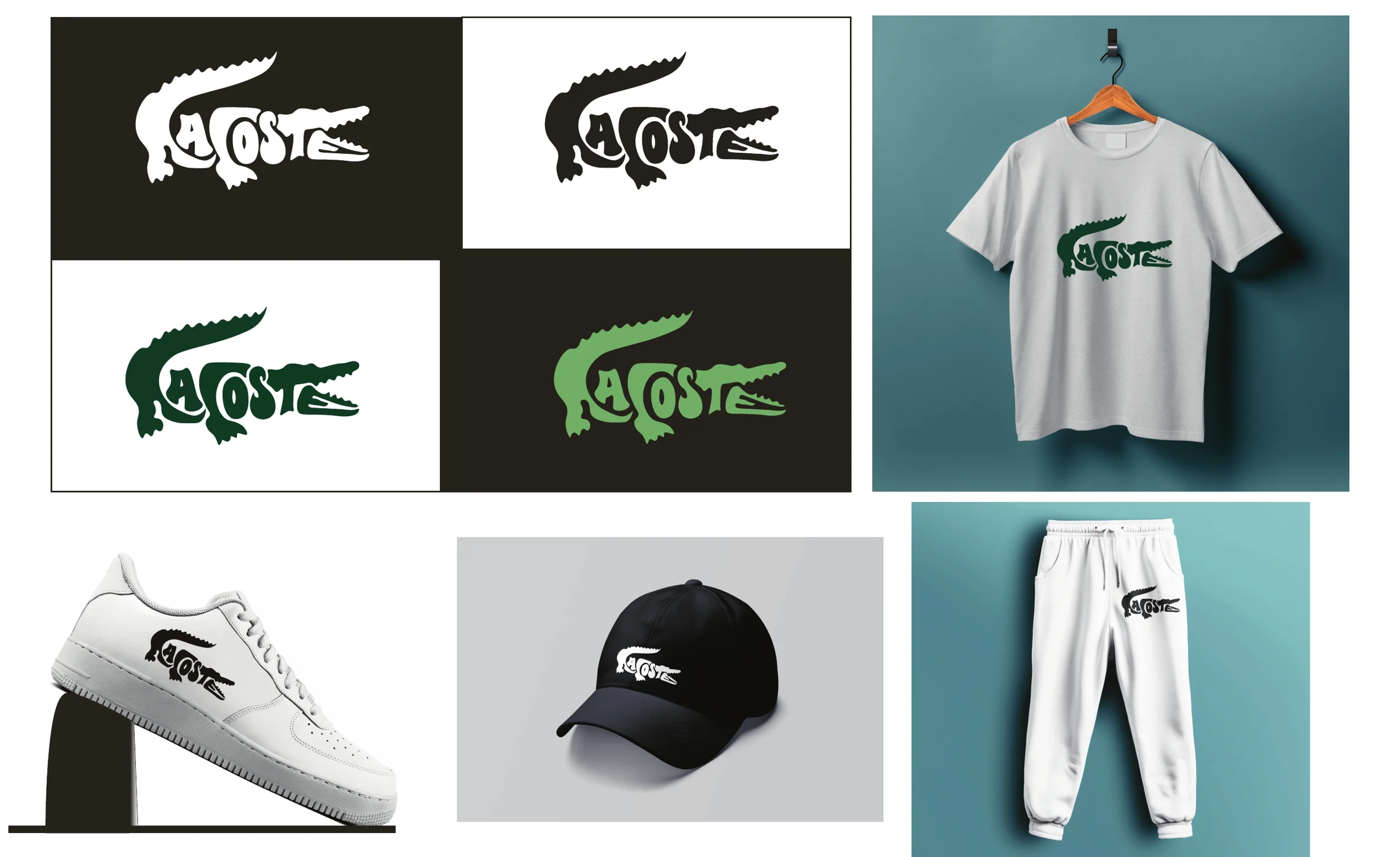 Planche du rebranding Lacoste : quatre déclinaisons du logo en forme de crocodile et les mockups produits.
