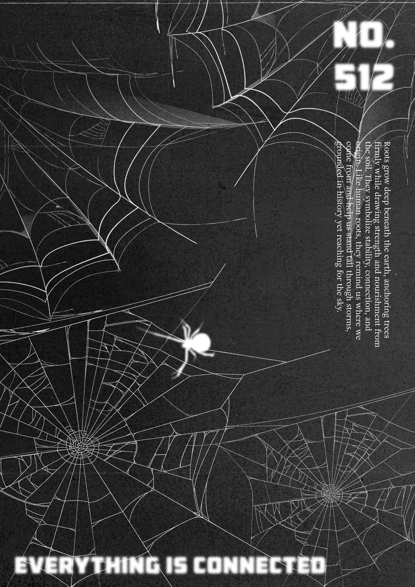 Affiche « Everything Is Connected » : des toiles d'araignée sur fond noir texturé, avec un texte vertical.