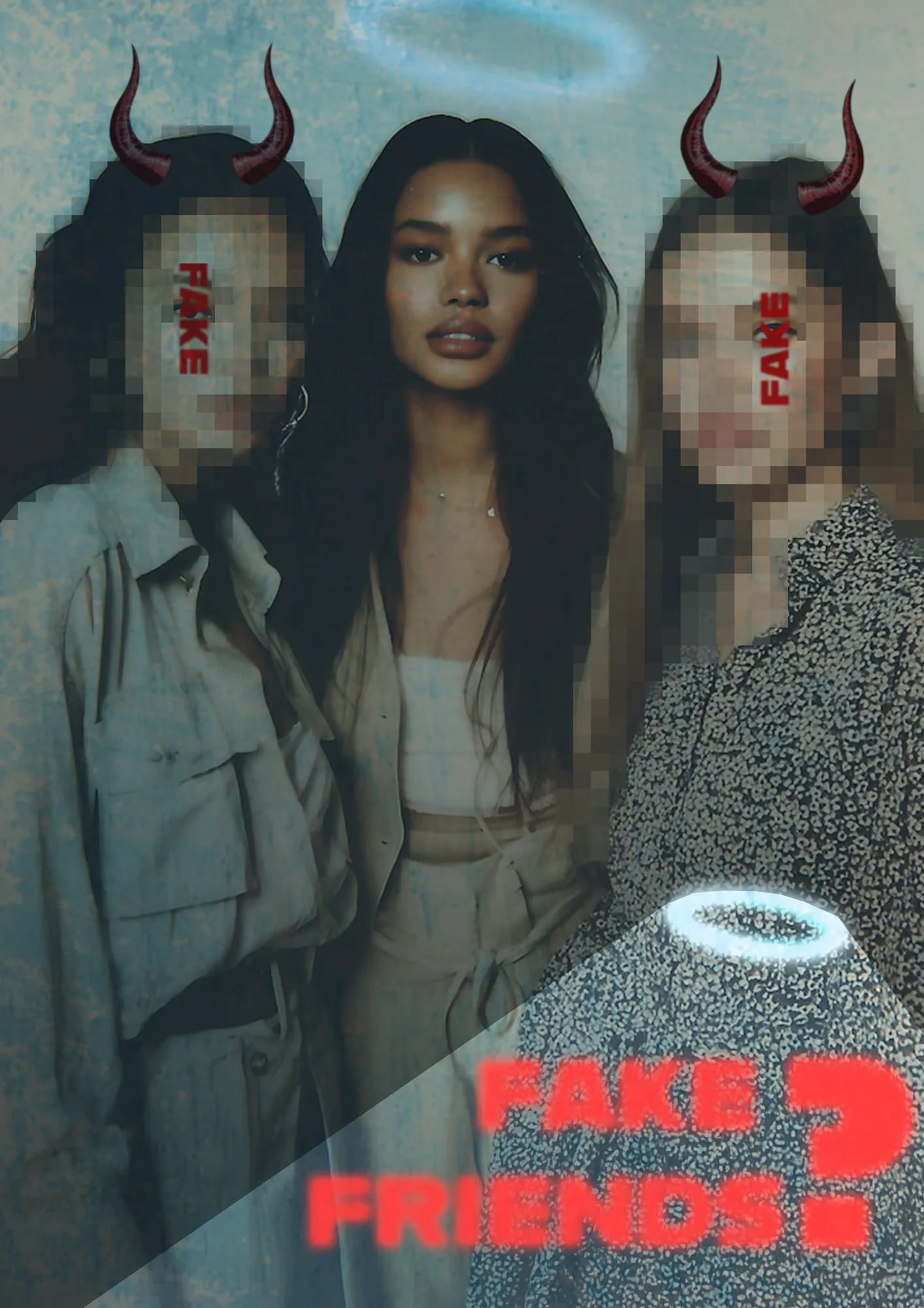 Affiche « Fake Friends? » : trois amies, deux visages pixelisés avec des cornes, une avec une auréole.
