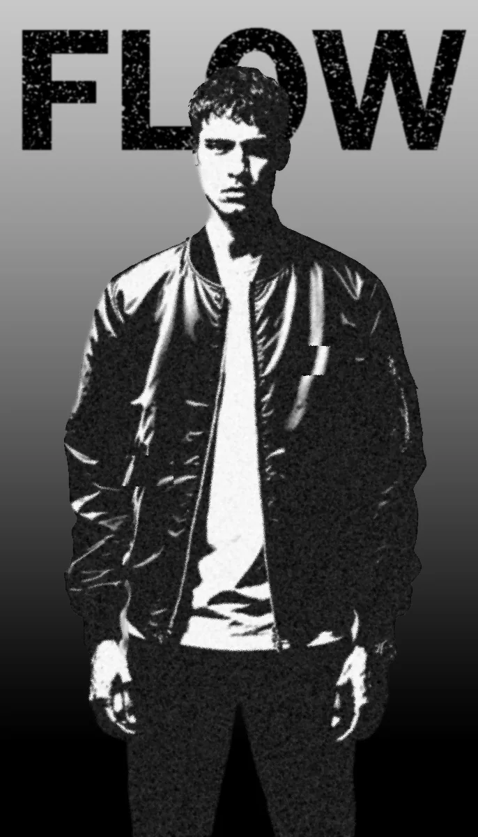 Affiche « FLOW », version noir et blanc : un jeune homme en blouson, en bichromie tramée.